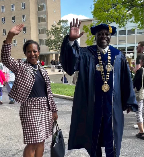 Mount St. Joseph university president and first lady waving