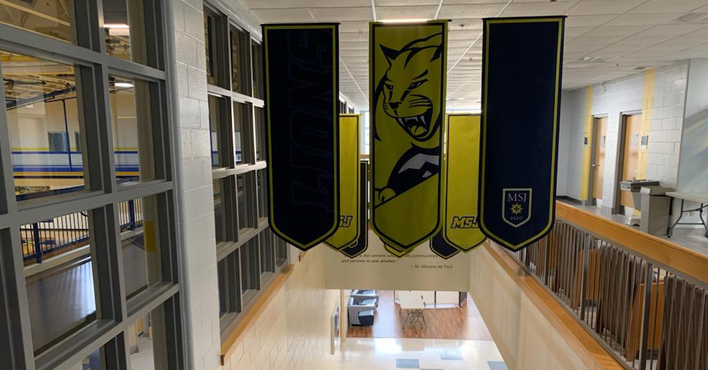 harrington lobby banners hanging over stairs